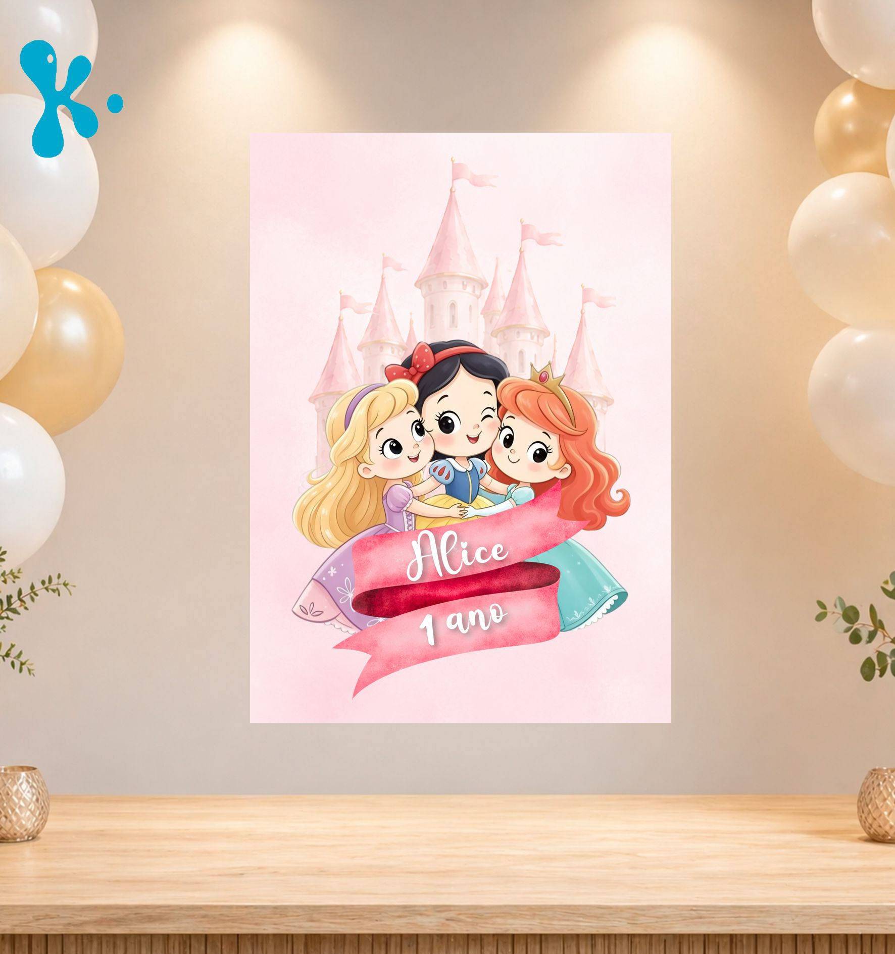 Cartaz personalizado de princesas com castelo cor-de-rosa, nome e idade da criança.