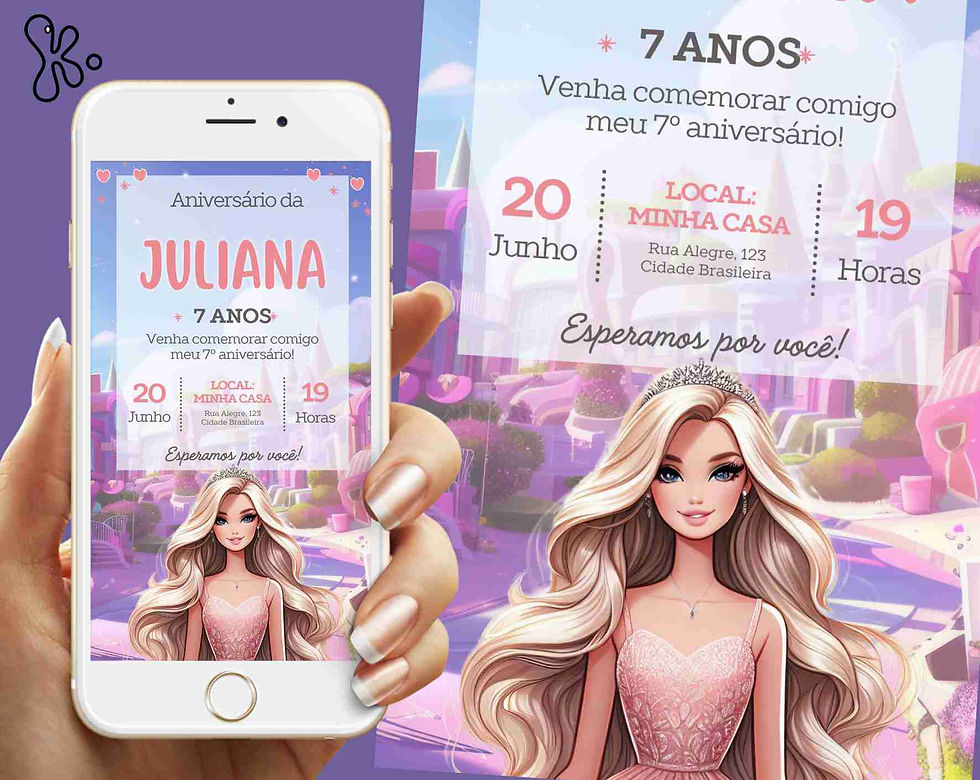 Convite Digital Barbie Personalizado para Aniversário com Tema Princesa