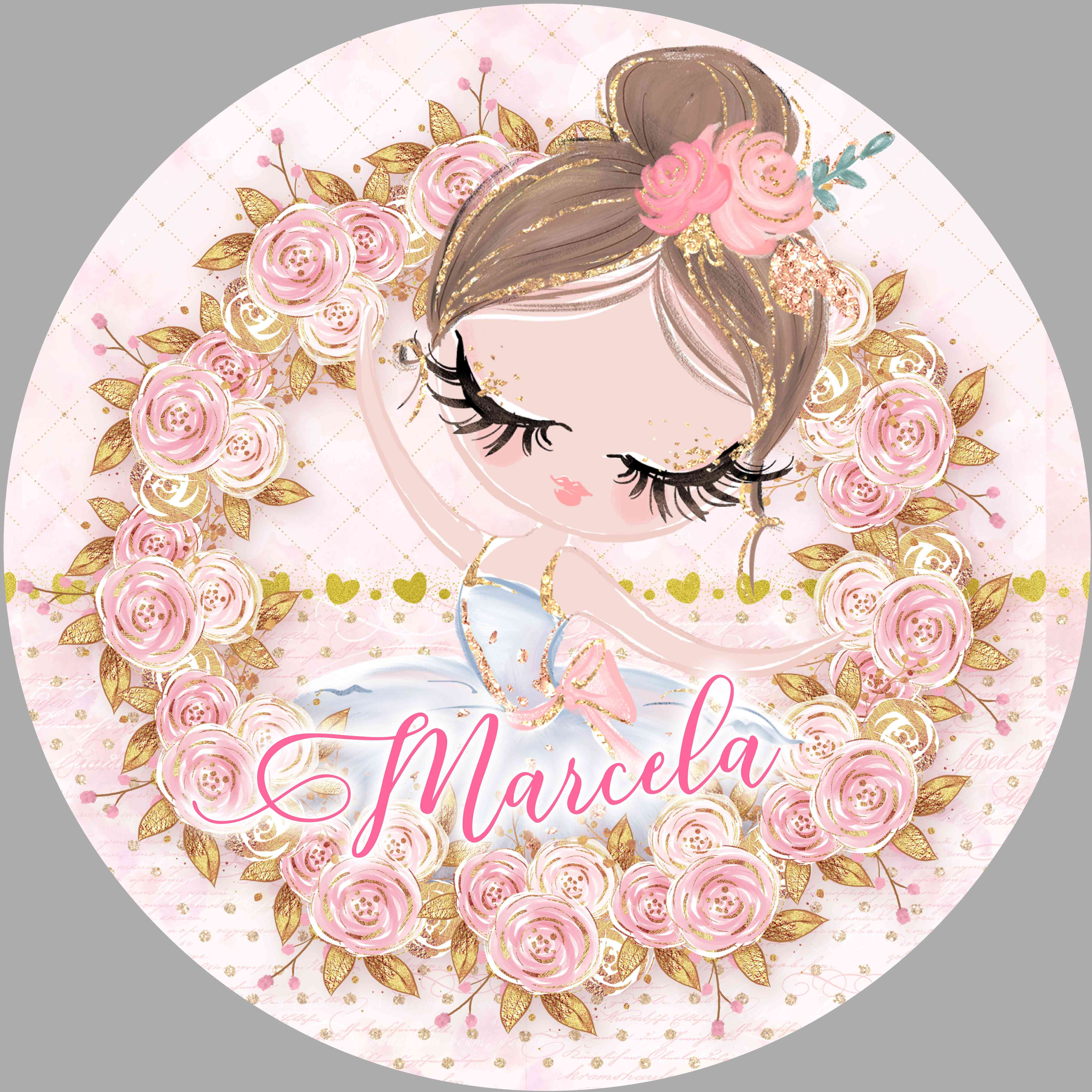 Painel redondo infantil de bailarina com coroa floral rosa, nome Marcela em destaque