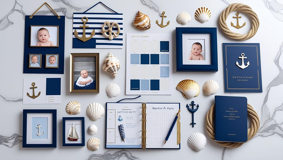 Planejamento elegante de flatlay para festa de batismo náutica com mood board, amostras de paleta de cores em azul marinho, branco e dourado, fotos do bebê, elementos decorativos náuticos, caderno de planejamento e materiais de inspiração com tema marítimo em superfície de mármore branco