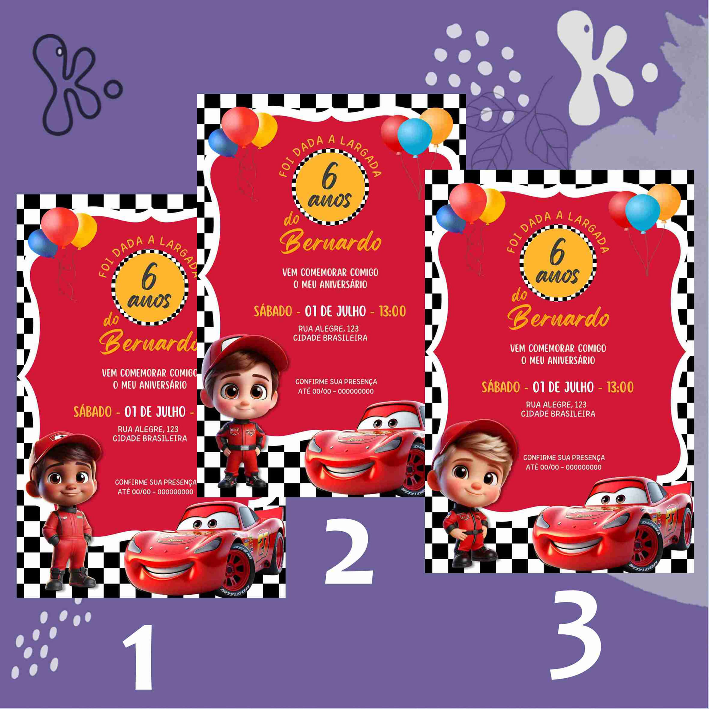 Convite Digital Carros Disney - Faísca McQueen com Três Modelos Personalizados