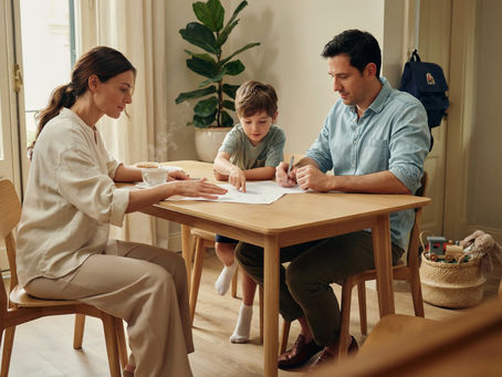 Família à mesa a rever orçamento e compras com ambiente simples e acolhedor.
