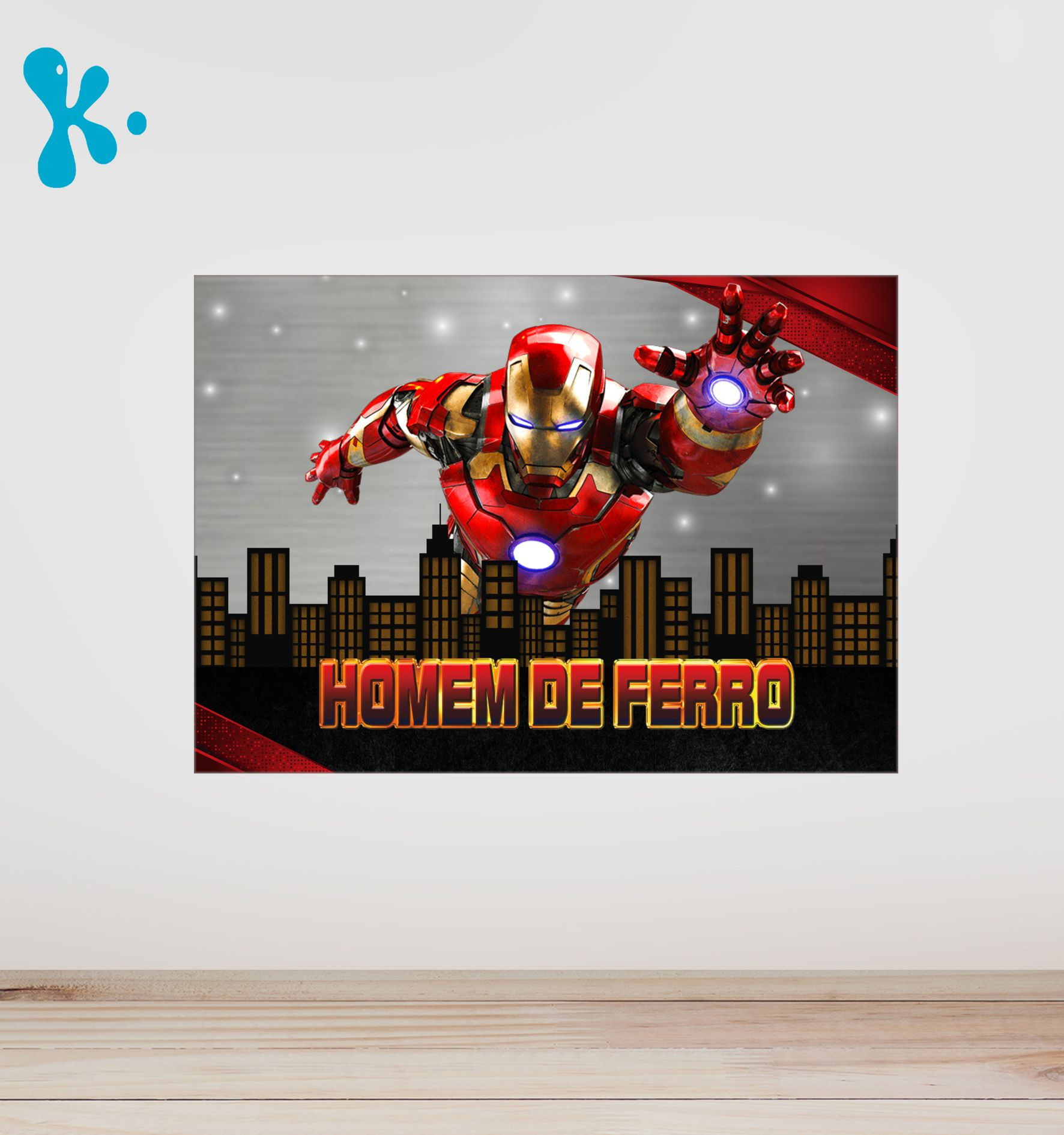 Cartaz Homem de Ferro personalizado com super-herói em ação, ideal para decoração de festa infantil