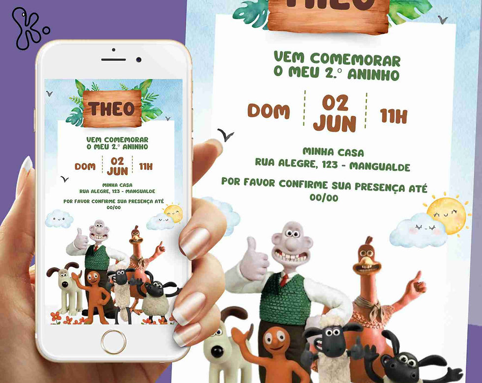 Convite Digital Ovelha Choné para 2.º Aniversário com Personagens Aardman