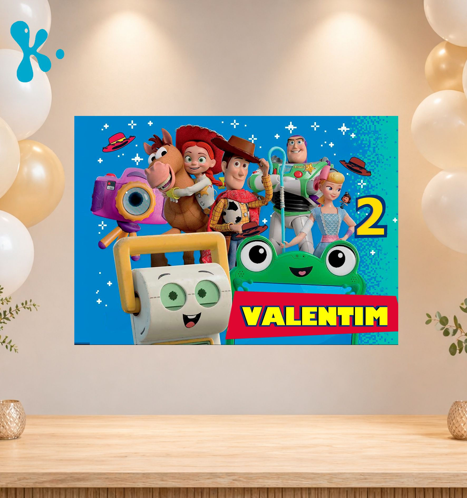 Cartaz Toy Story personalizado com nome e idade, Woody, Buzz, Jessie e amigos para festa infantil.