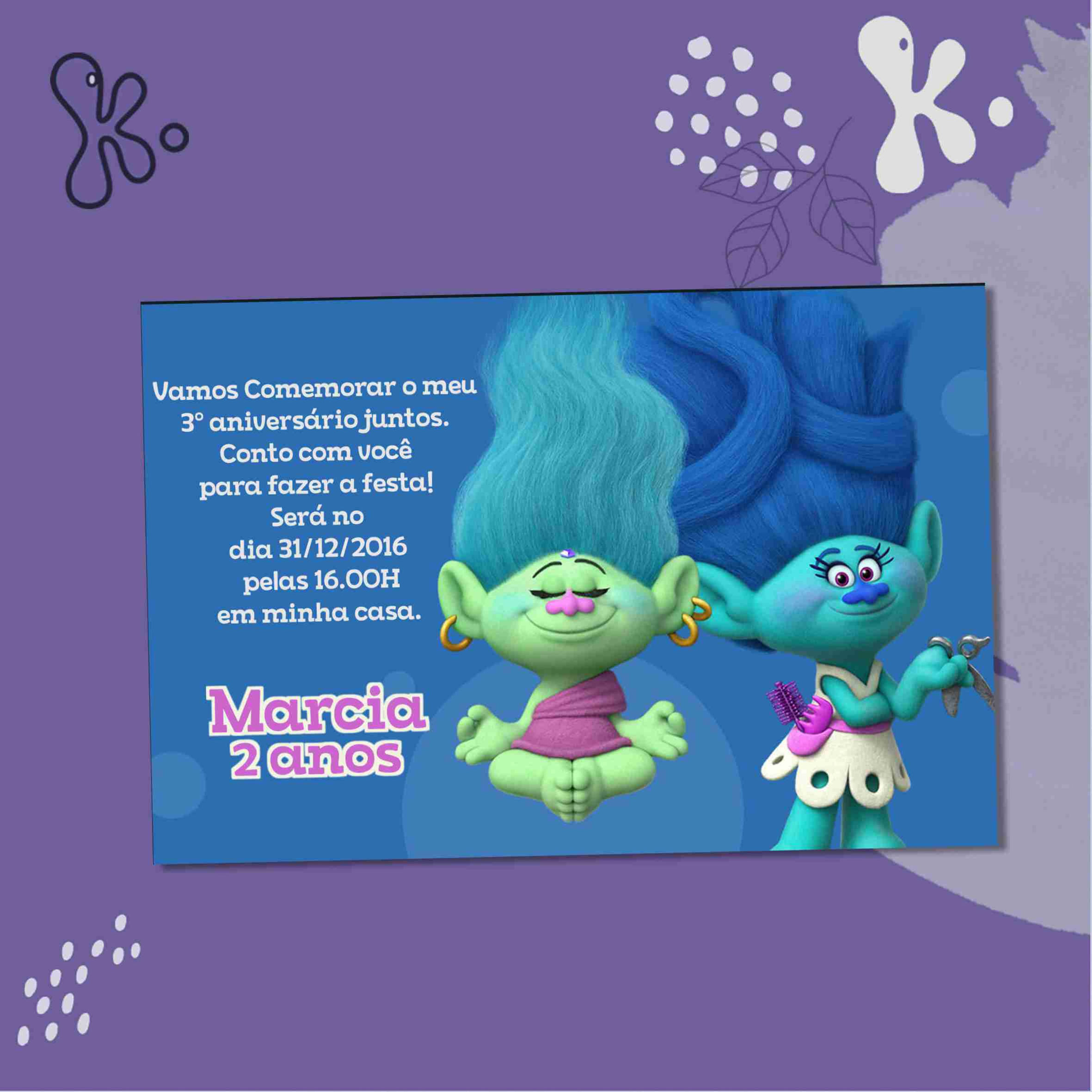 Convite Digital Trolls com fundo azul e personagens secundárias do filme, ideal para festa infantil personalizada