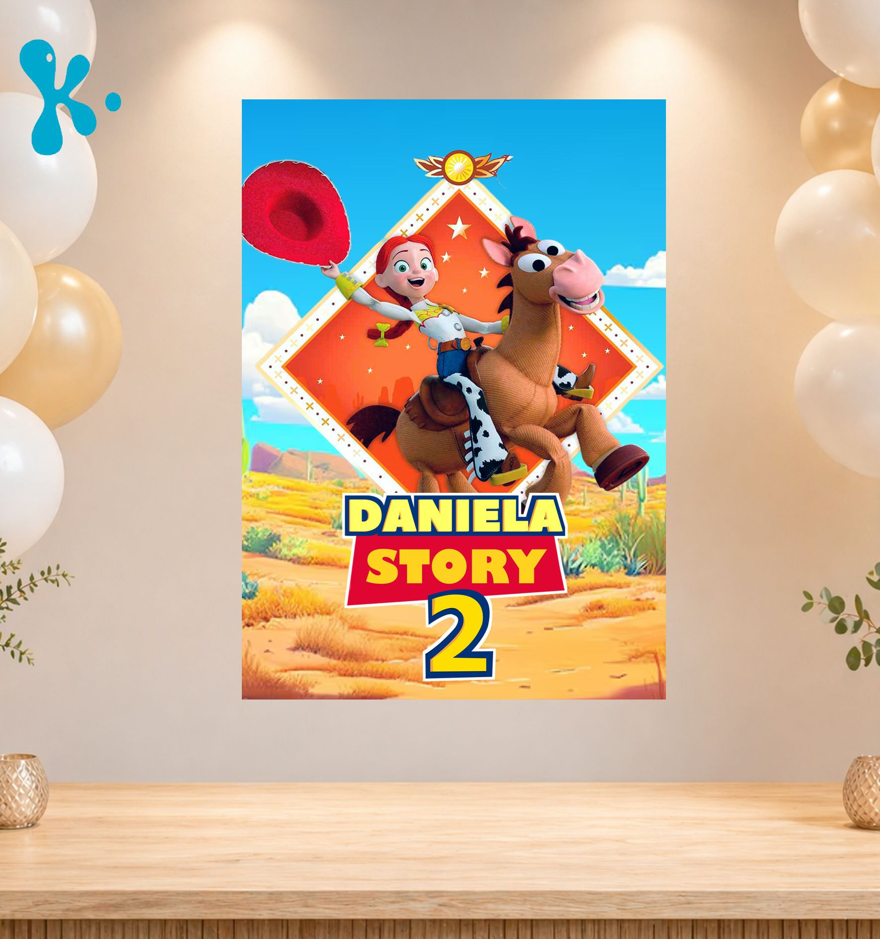 Cartaz Toy Story Jessie personalizado com nome e idade, Jessie e Bala no Alvo numa festa infantil.