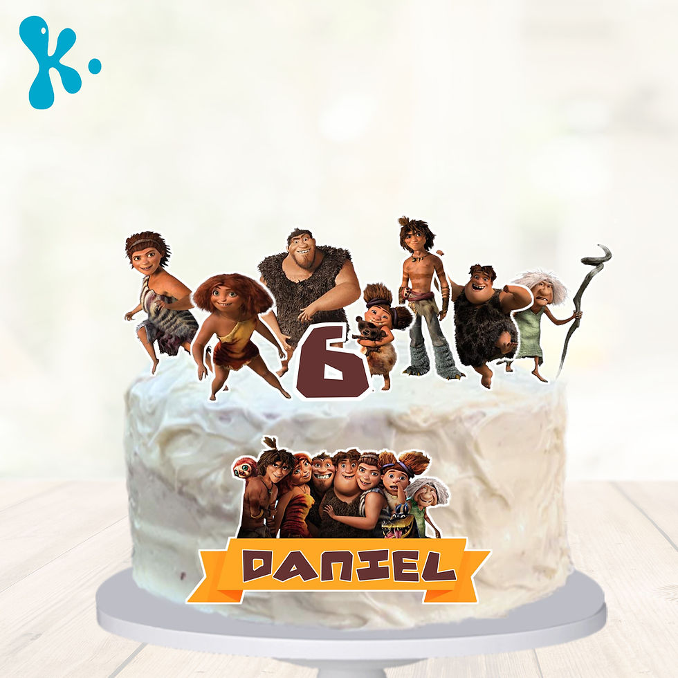 Topo de bolo Os Croods personalizado com personagens, nome e idade para festa infantil.