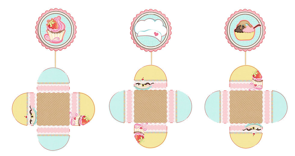 Conjunto de toppers e caixetas personalizados Doces em tons pastel com ilustrações de sobremesas e confeitaria para doces de