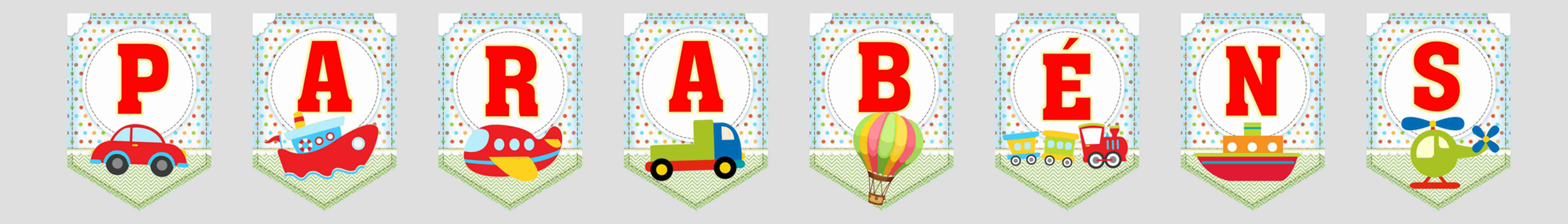 Bandeirolas Parabéns com tema transportes para decoração de festa infantil