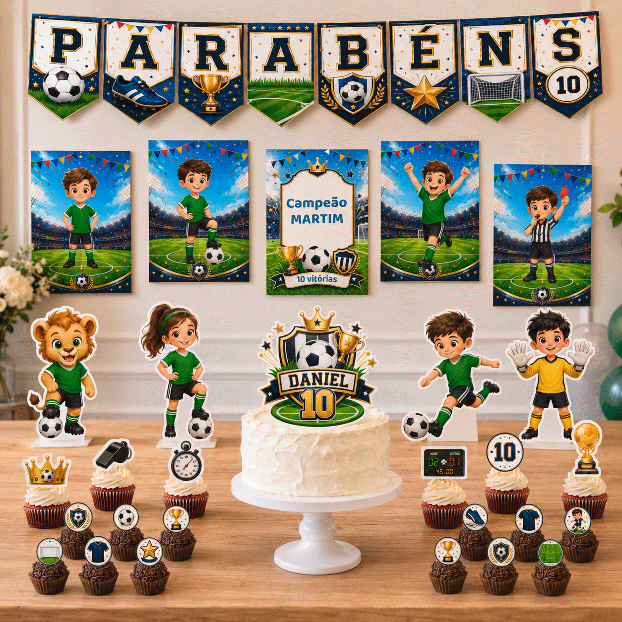 Kit Festa Futebol com bandeirola Parabéns, cartazes, jogadores infantis, topo de bolo, figuras decorativas e toppers personal