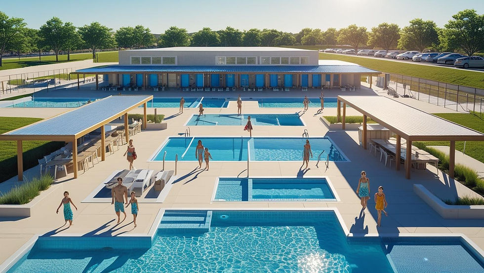 Piscina municipal portuguesa moderna com várias piscinas de diferentes profundidades, áreas de refeições cobertas, vestiários, estacionamento, rodeada de espaços verdes, infraestrutura limpa e bem conservada, famílias passeando e explorando as instalações