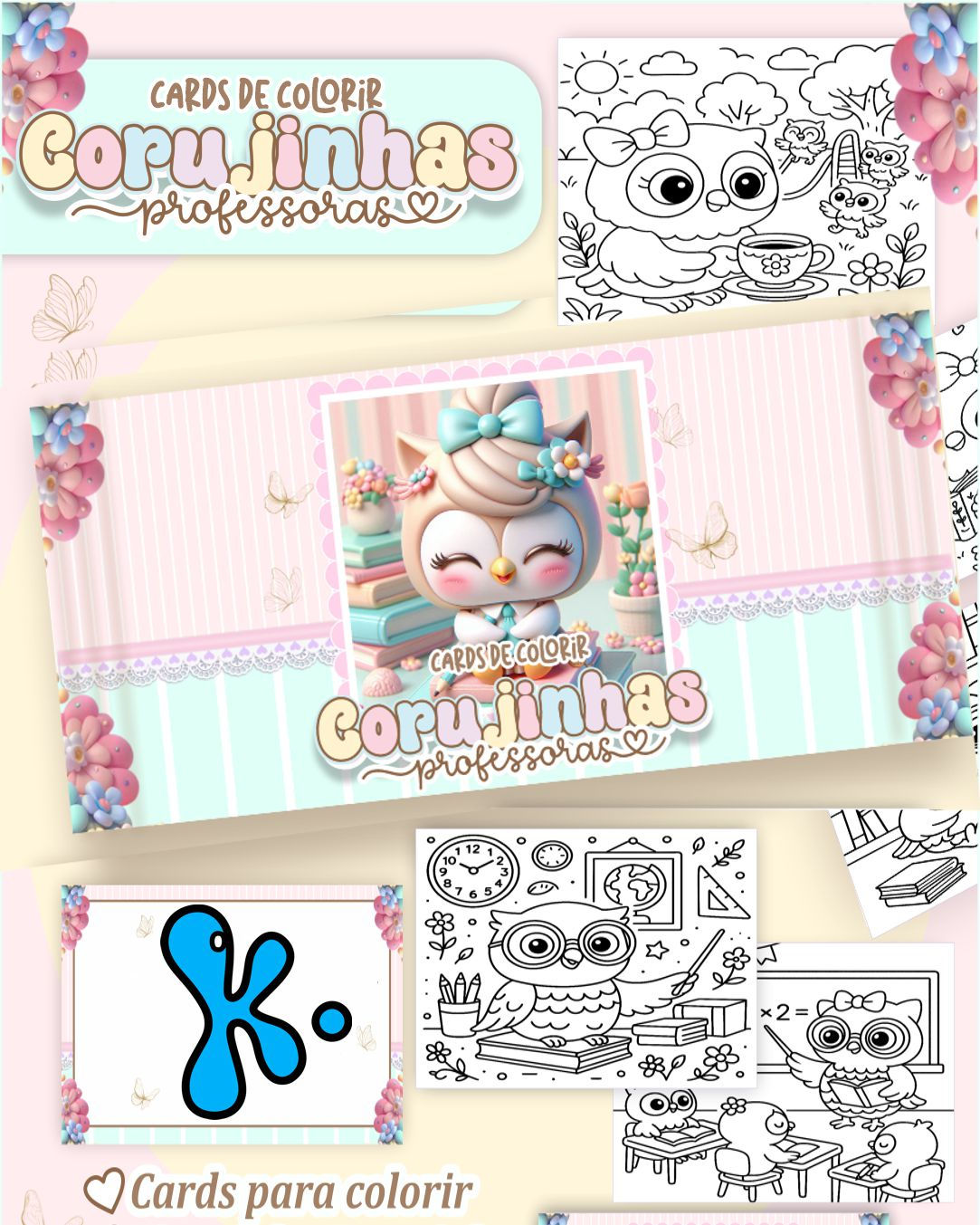 Cards para colorir com corujinhas professoras em cenários escolares e educativos
