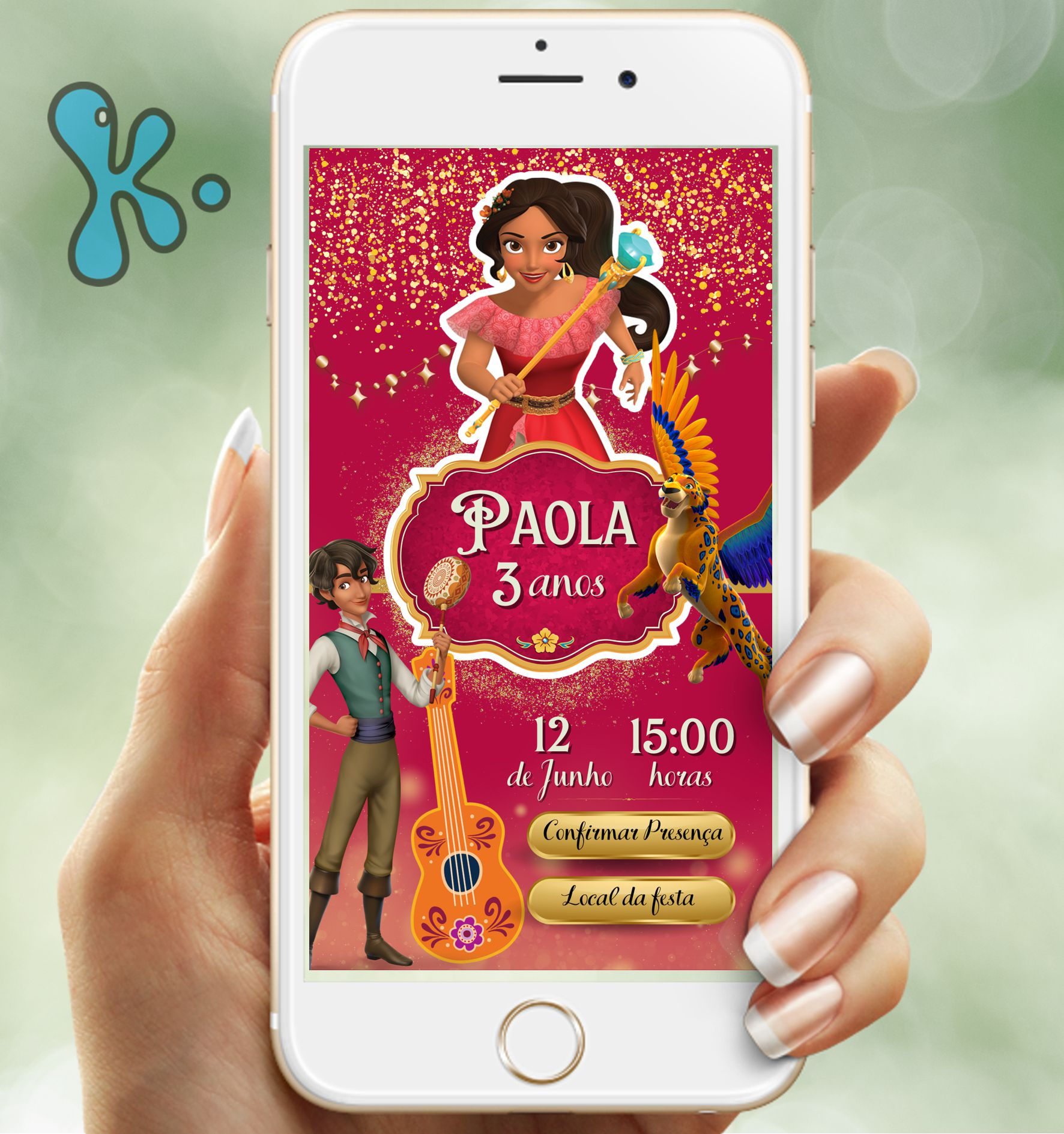 Convite Interativo Elena de Avalor com personagens e fundo vermelho com detalhes dourados