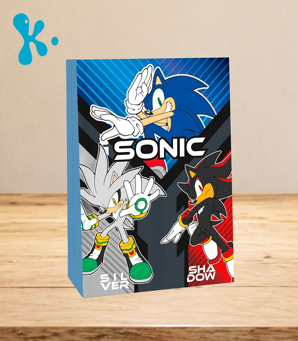 Saco lembrança personalizado Sonic 3 com Sonic, Silver e Shadow em fundo gráfico azul, preto e vermelho.