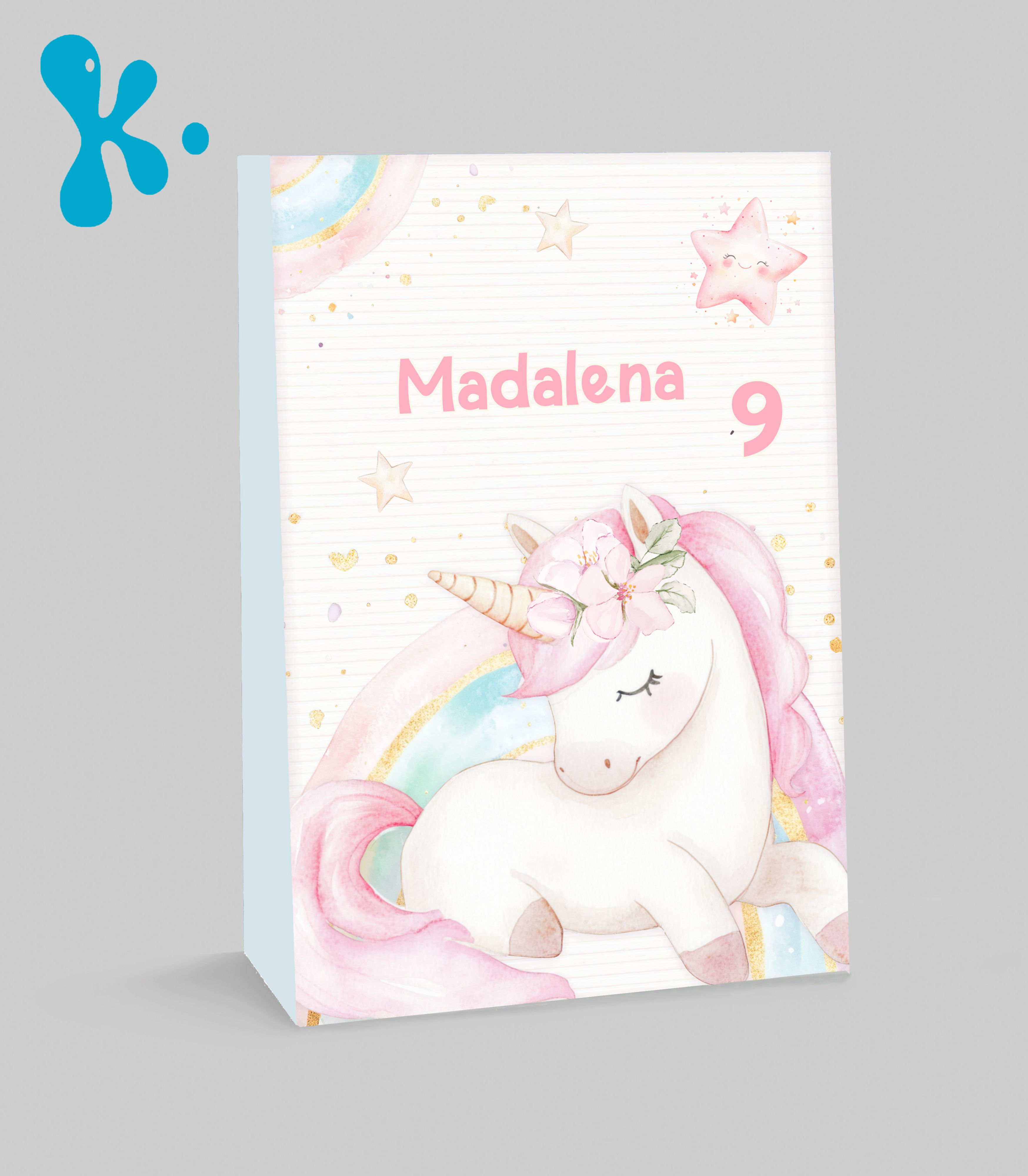 Saco lembrança unicórnio personalizado em tons pastel com nome e idade da criança