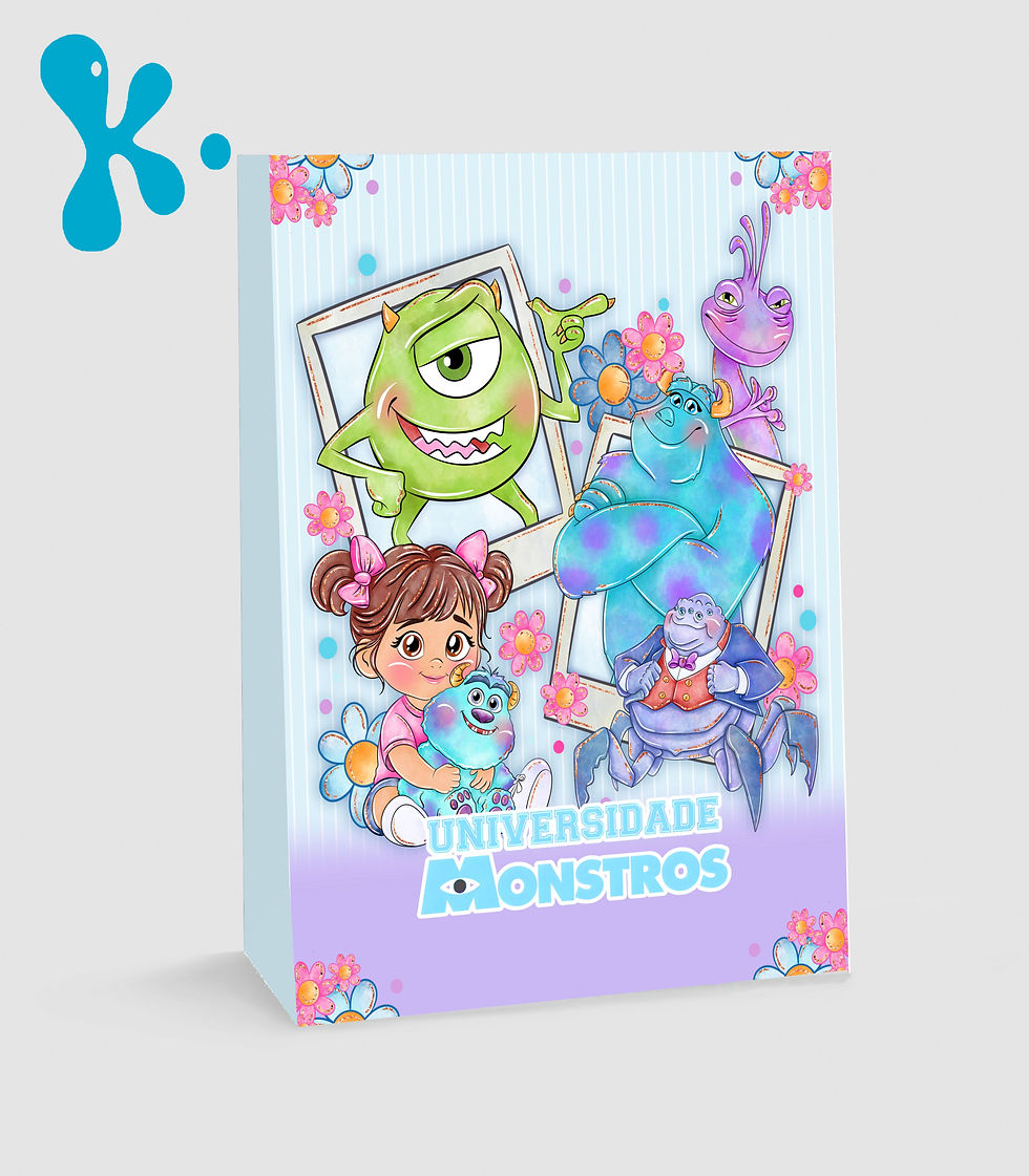 Saco lembrança Universidade Monstros personalizado com personagens Mike e Sulley em tons lilás e azul.