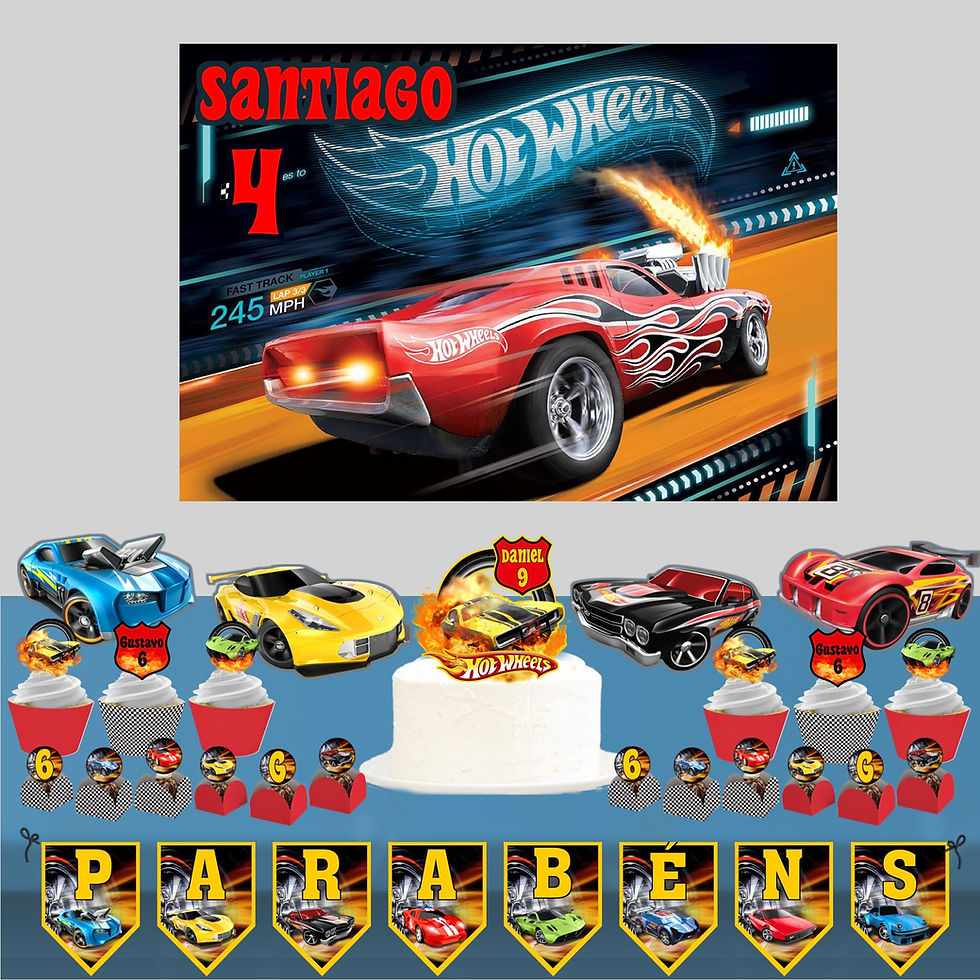 Kit de Festa Hot Wheels com painel, carros decorativos e mesa temática infantil.