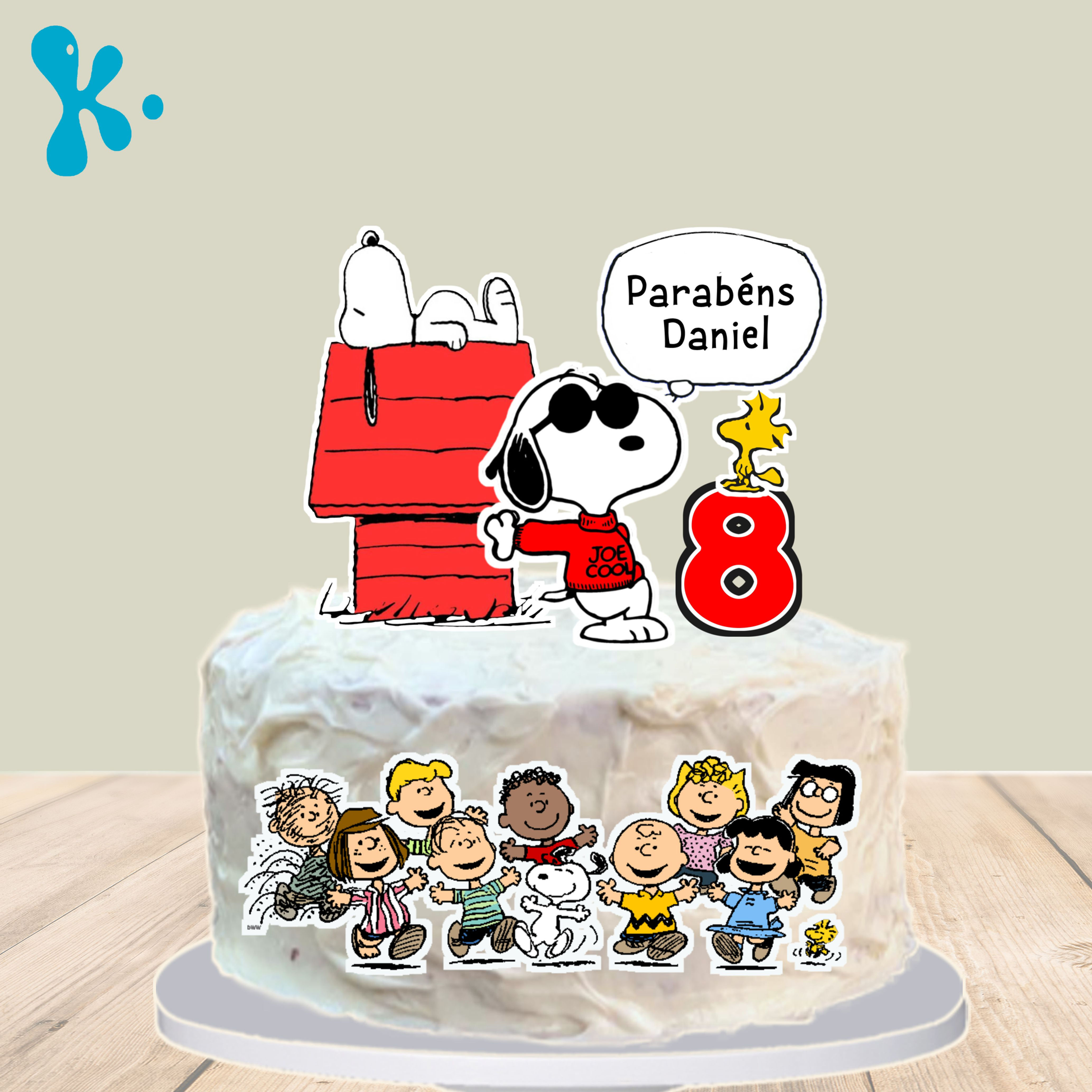 Topo de bolo Snoopy com personagens Peanuts personalizado com nome e idade