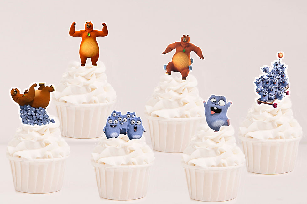 Cupcakes com toppers Grizzy e os Lemingues recortados em papel fotográfico com personagens divertidos