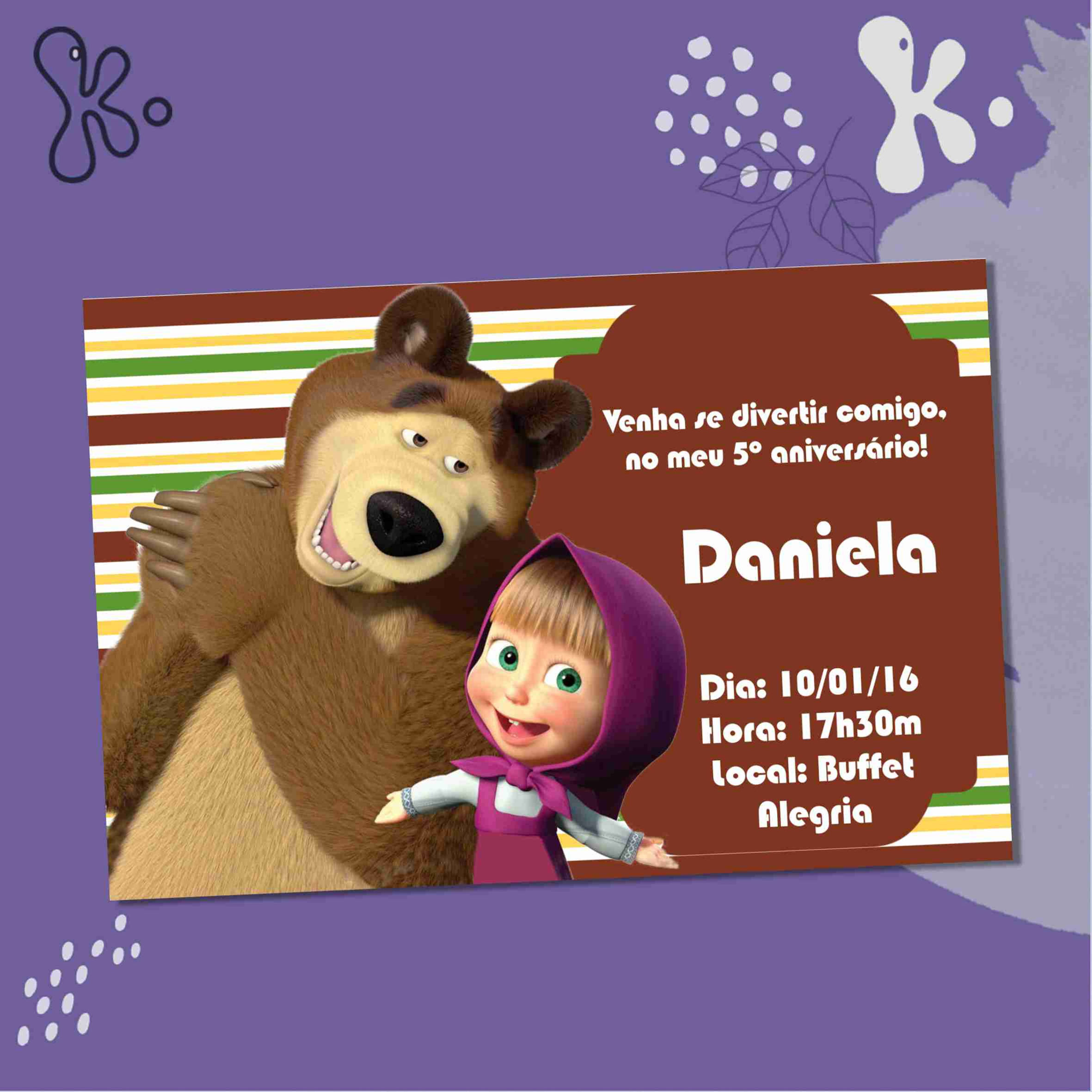 Convite Digital Masha e o Urso Personalizado – Modelo Listrado Divertido para Aniversário Infantil