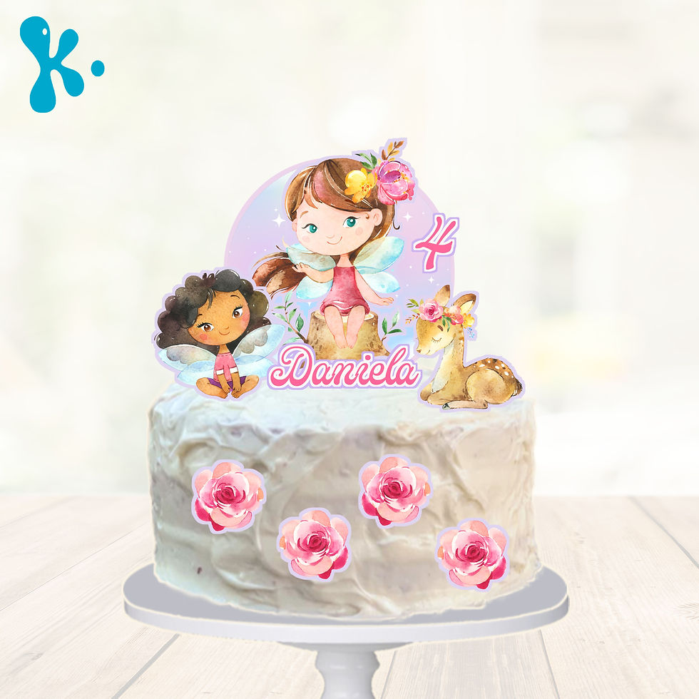Topo de bolo fadas com nome Daniela, flores e animais mágicos