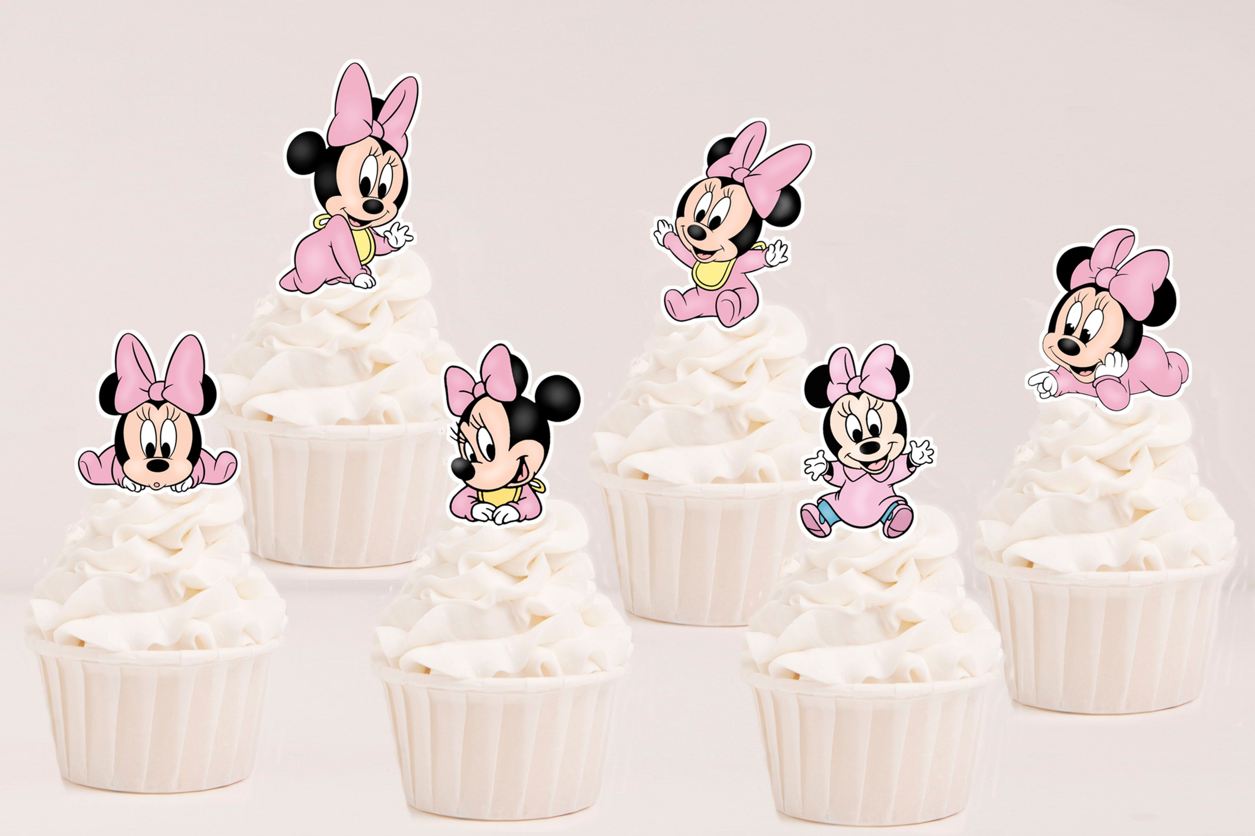 Toppers recortados personalizados tema Baby Minnie em tons rosa pastel para festa infantil delicada e cheia de ternura.