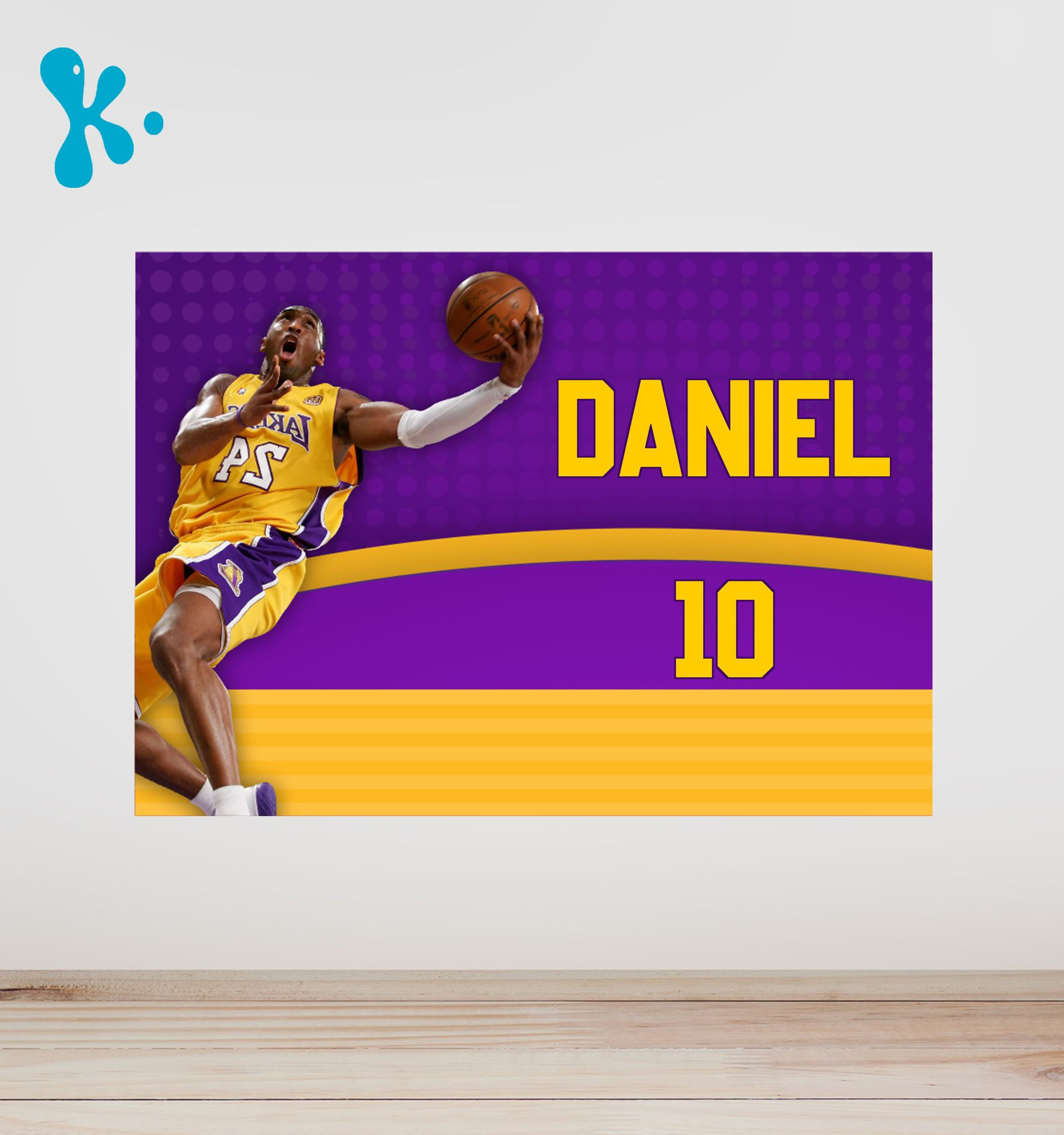 Cartaz basquetebol Lakers personalizado com nome e idade para decoração de festa infantil