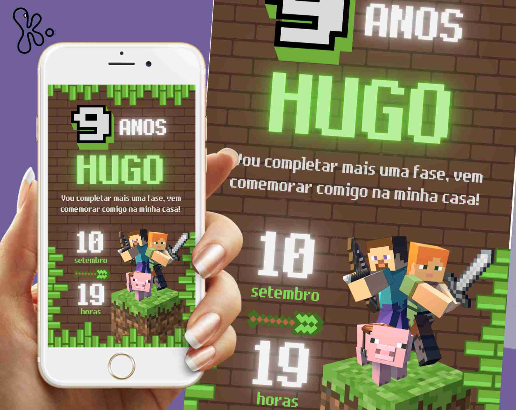 Convite Digital Minecraft Verde Personalizado para Aniversário Infantil