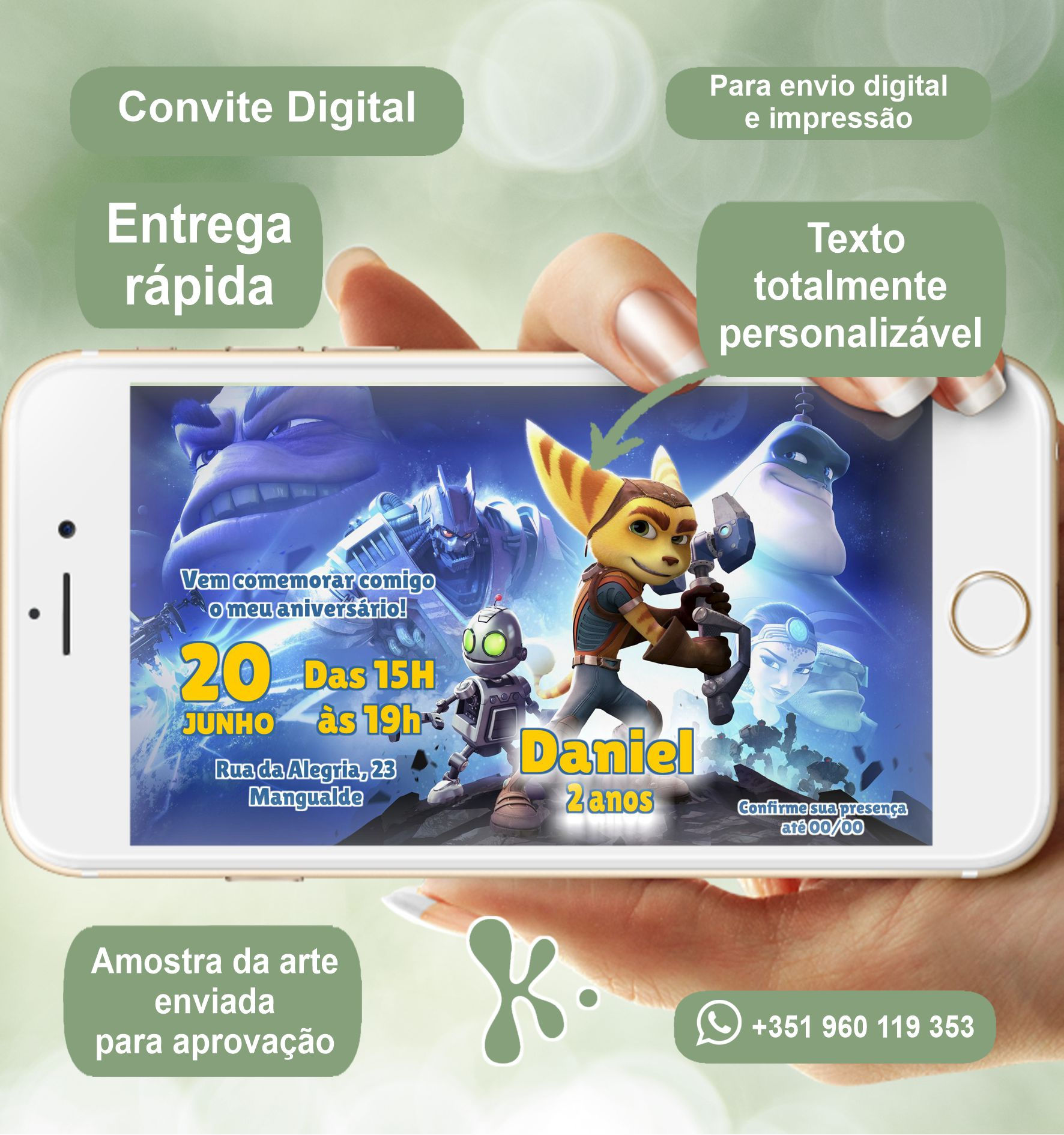 Convite digital Ratchet & Clank personalizado para aniversário infantil