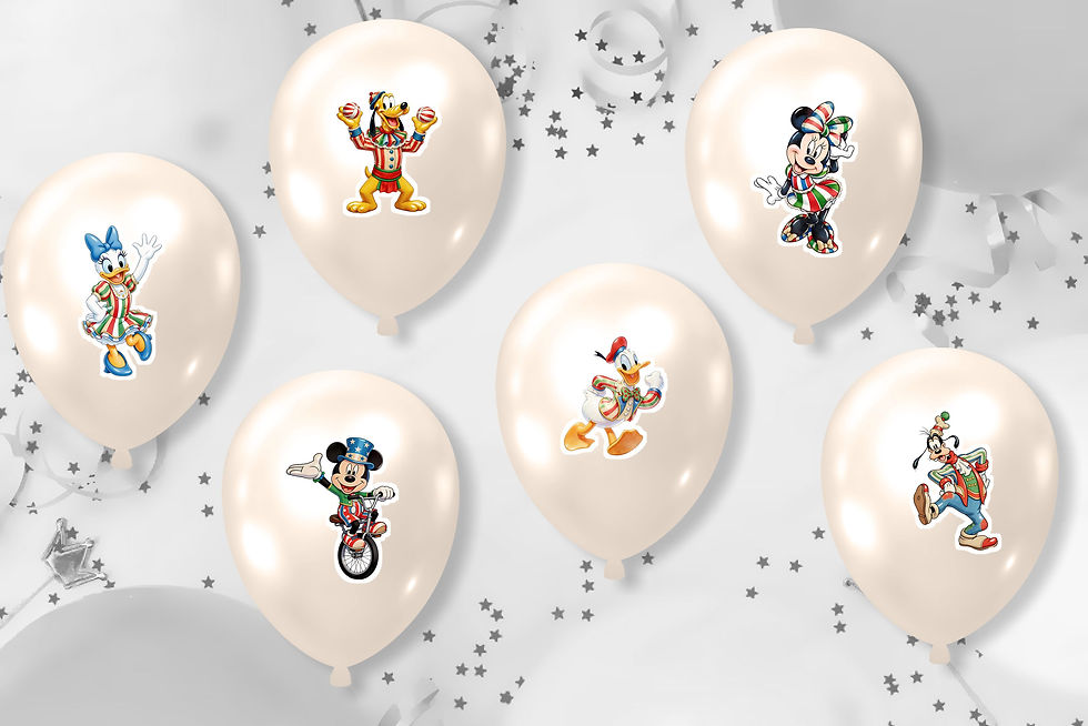 Autocolantes para balões Circo do Mickey Vintage com Mickey, Minnie, Donald, Margarida, Pateta e Pluto em trajes coloridos.