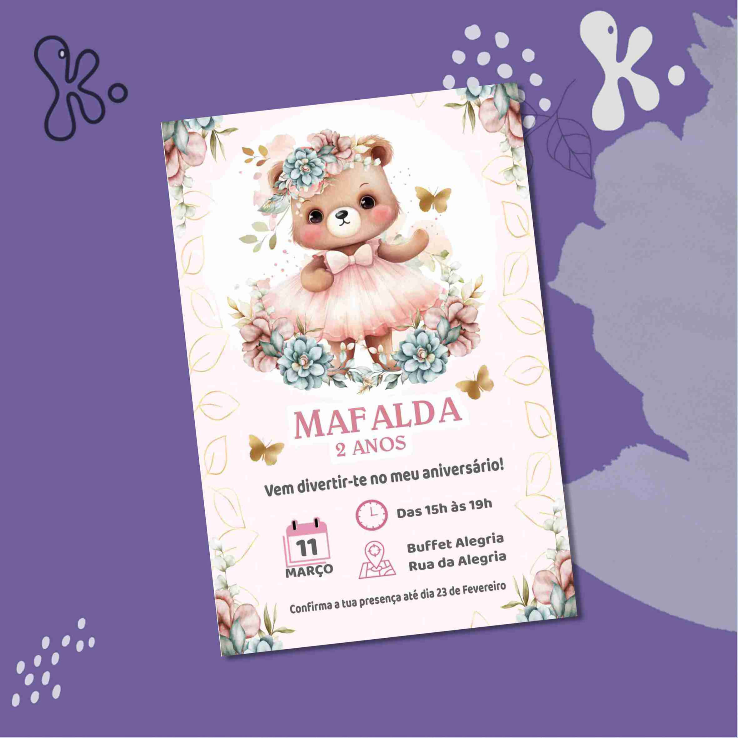 Convite Digital Jardim com Ursinha Florista – Personalizado para Aniversário Infantil