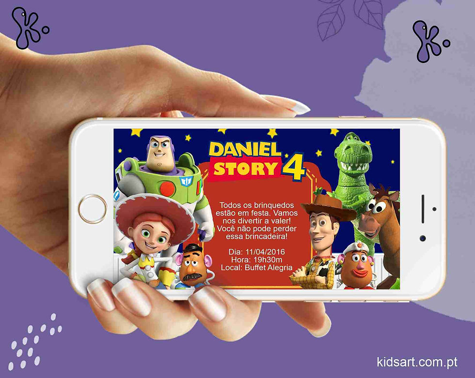Convite Digital Toy Story com personagens Woody, Buzz, Jessie, Rex e Sr. Batata para festa infantil personalizada