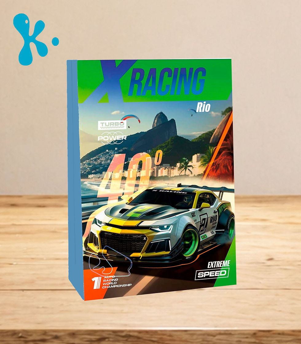 Saco lembrança personalizado X-Racing com carro de corrida em verde e amarelo e cenário de velocidade.
