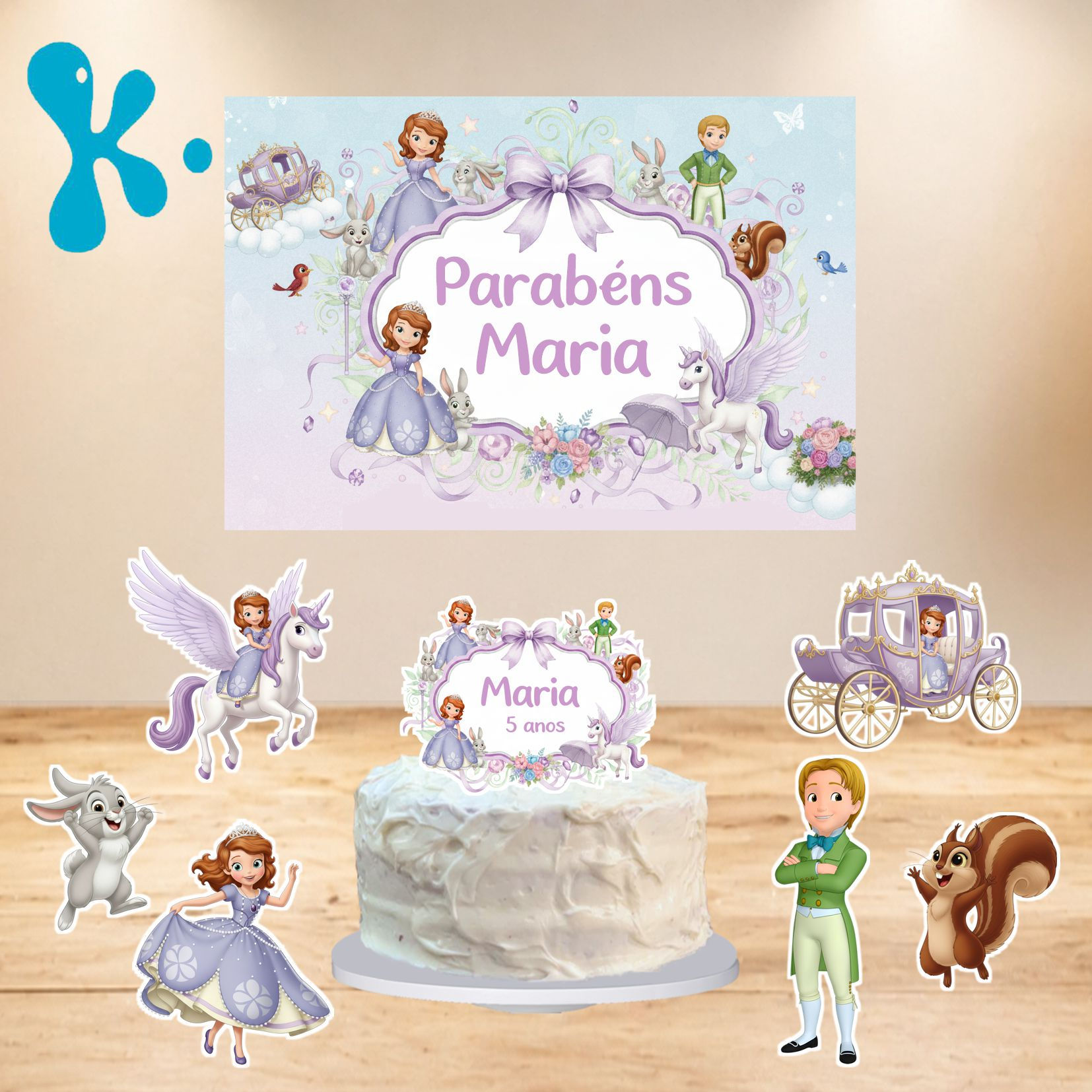 Kit de festa Princesa Sofia com carruagem, pégaso, personagens e decoração personalizada para aniversário.