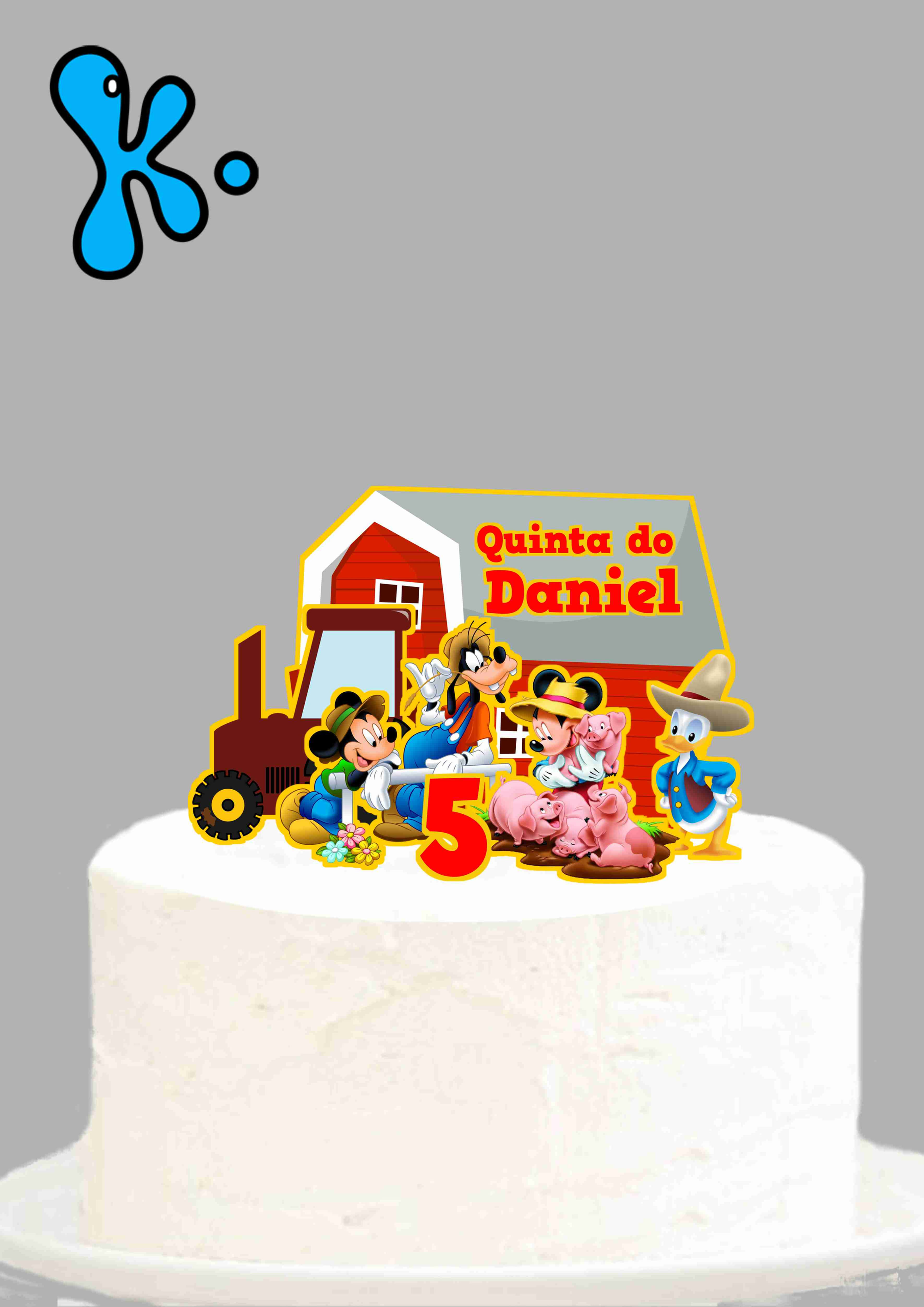 Topo de bolo quinta do Mickey personalizado com personagens, nome e idade.