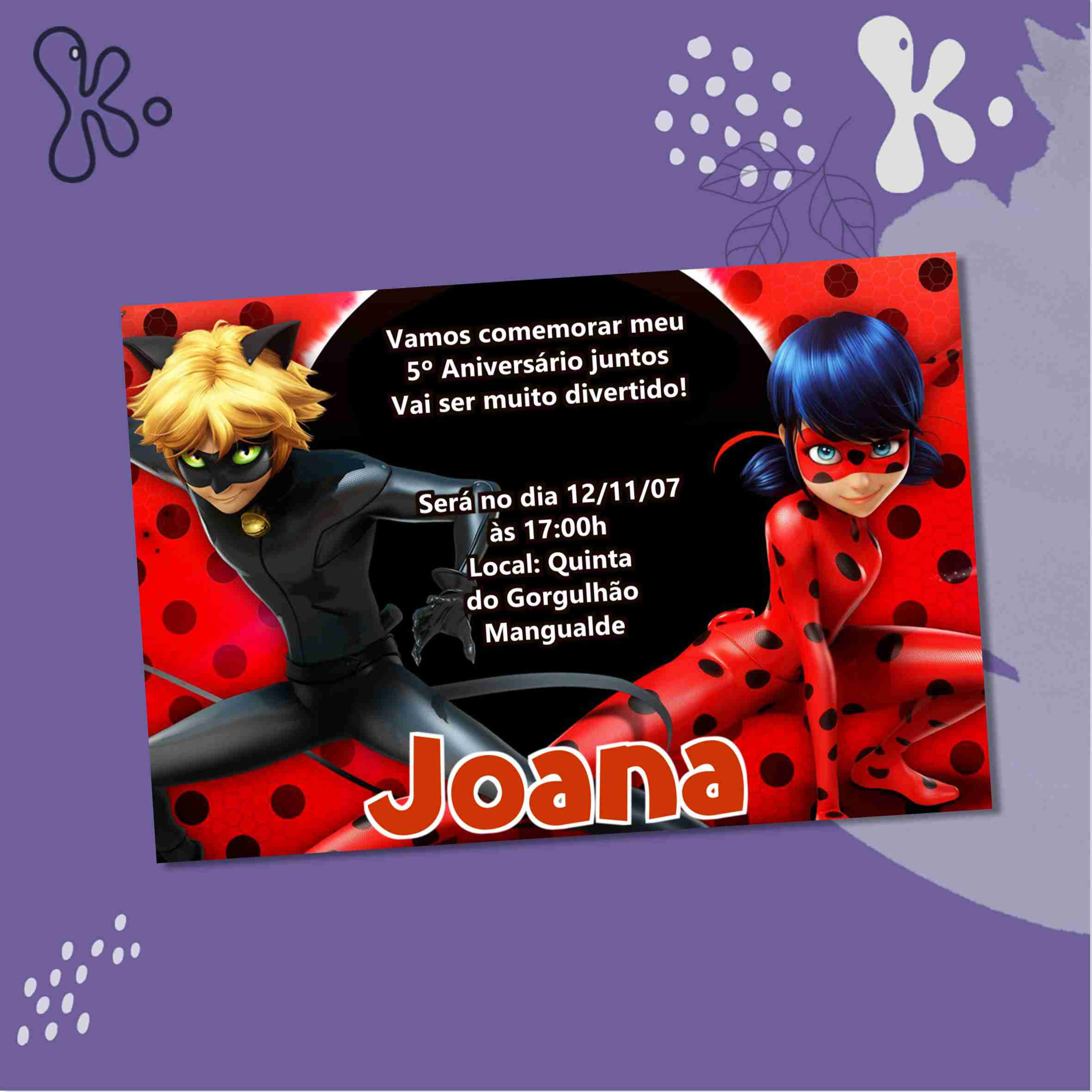 Convite Digital Miraculous As Aventuras de Ladybug – Modelo Dupla Ladybug e Cat Noir