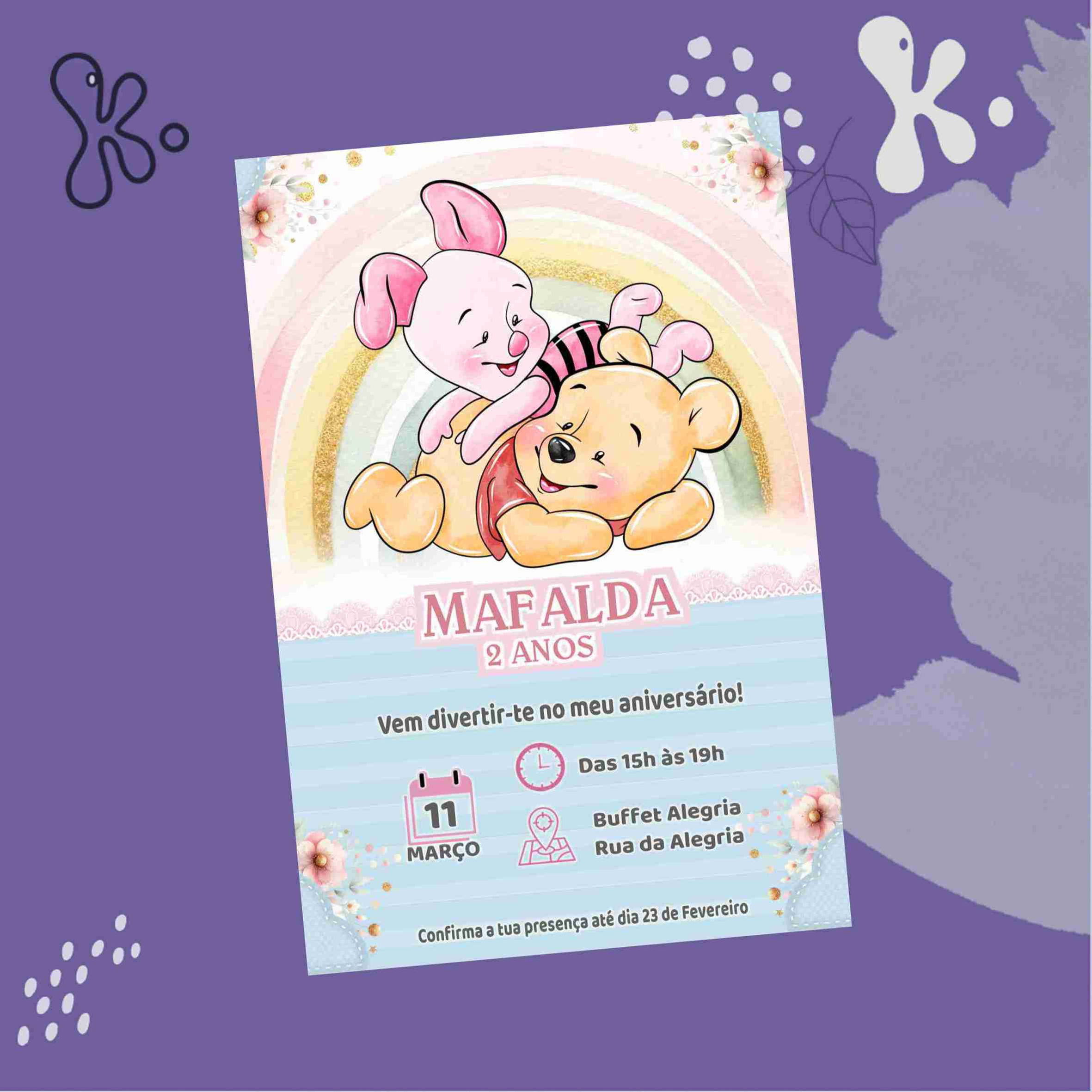 Convite Digital Baby Winnie The Pooh com Arco-Íris para Aniversário de Menina