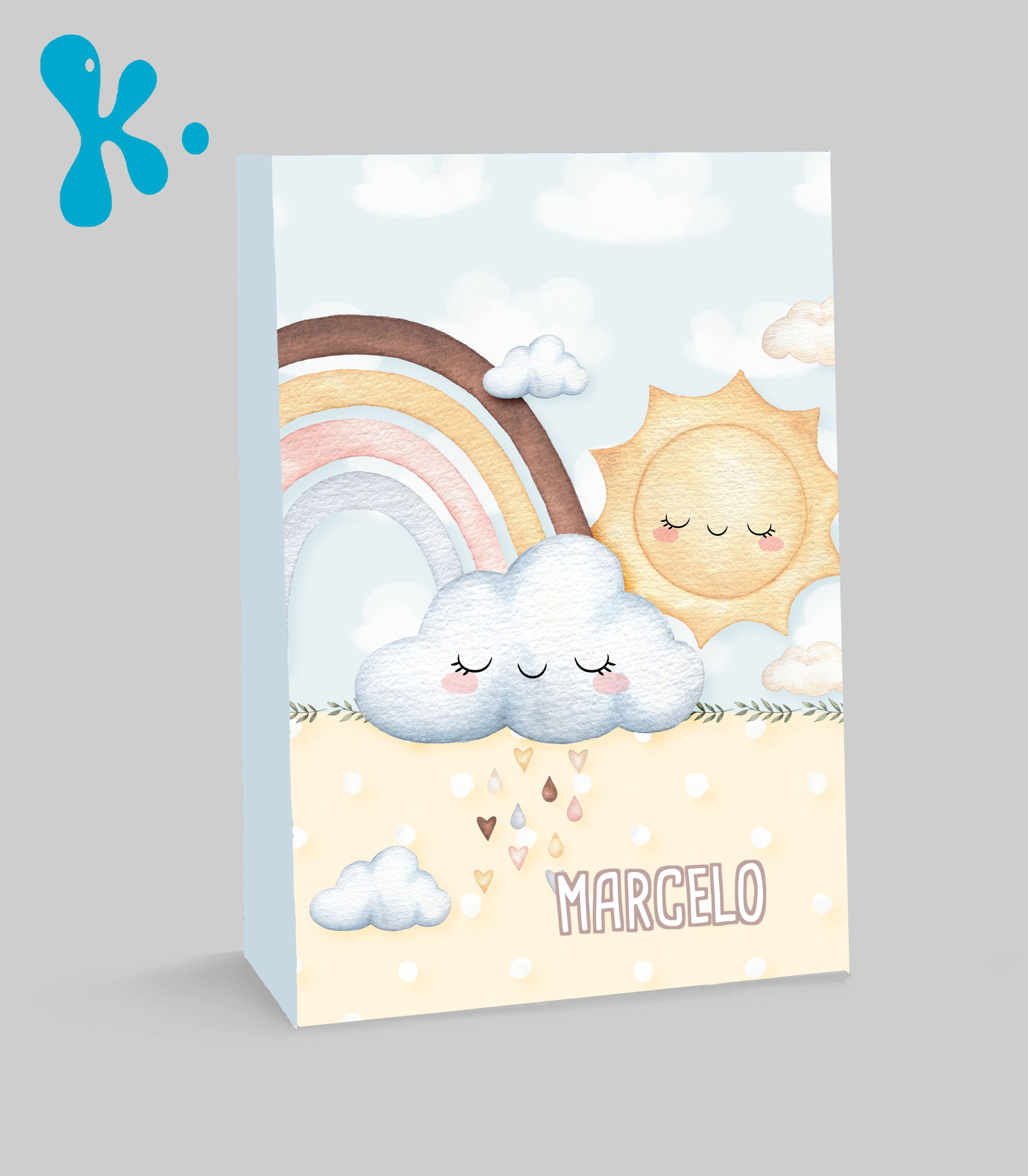 Saco lembrança personalizado Chuva de Amor menino com arco-íris, nuvem e sol em tons pastel.