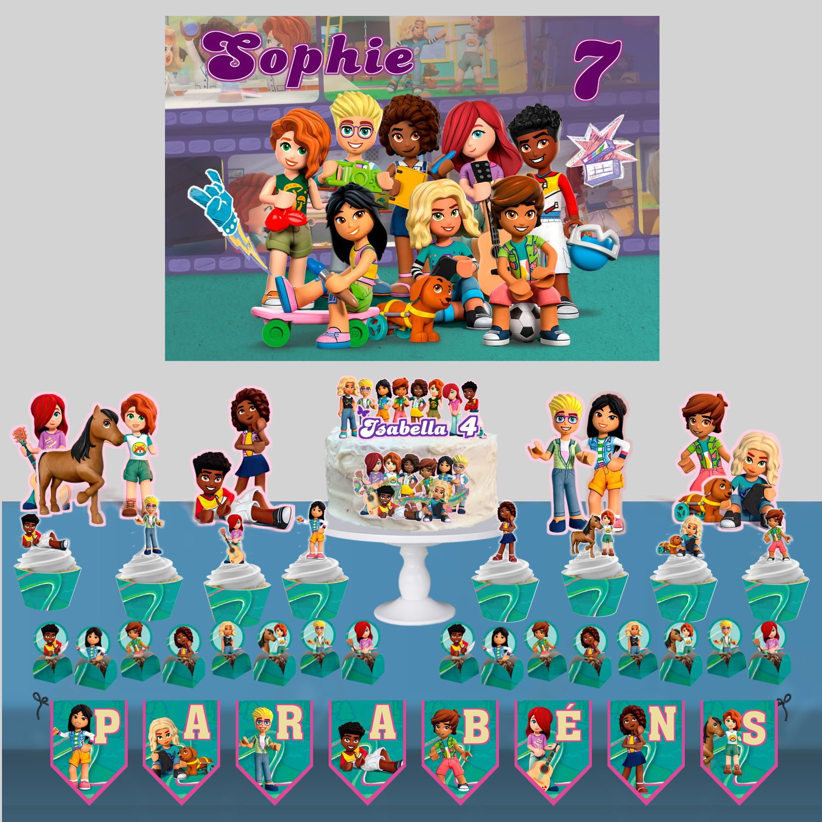 Kit de Festa Só Um Bolinho 2 Lego Friends com mesa decorada e painel colorido