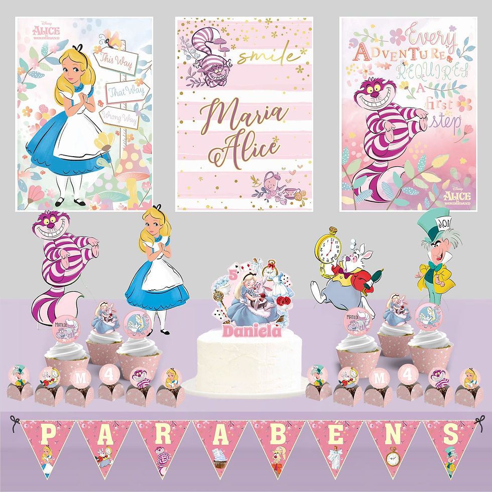 Kit de Festa Só Um Bolinho 2 Alice no País das Maravilhas com decoração pastel e mini painéis