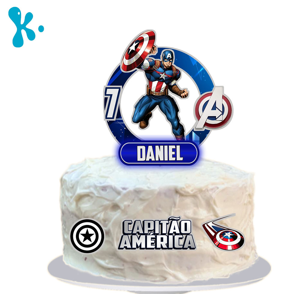 Topo de bolo Capitão América com nome Daniel e escudo dos Avengers