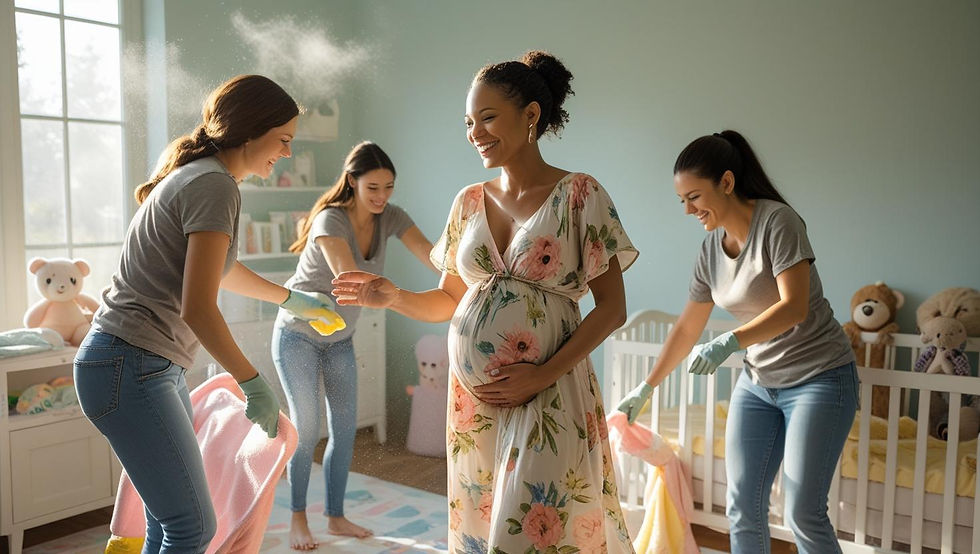 Mulher grávida feliz orientando amigas que estão limpando, organizando e decorando o quarto do bebê