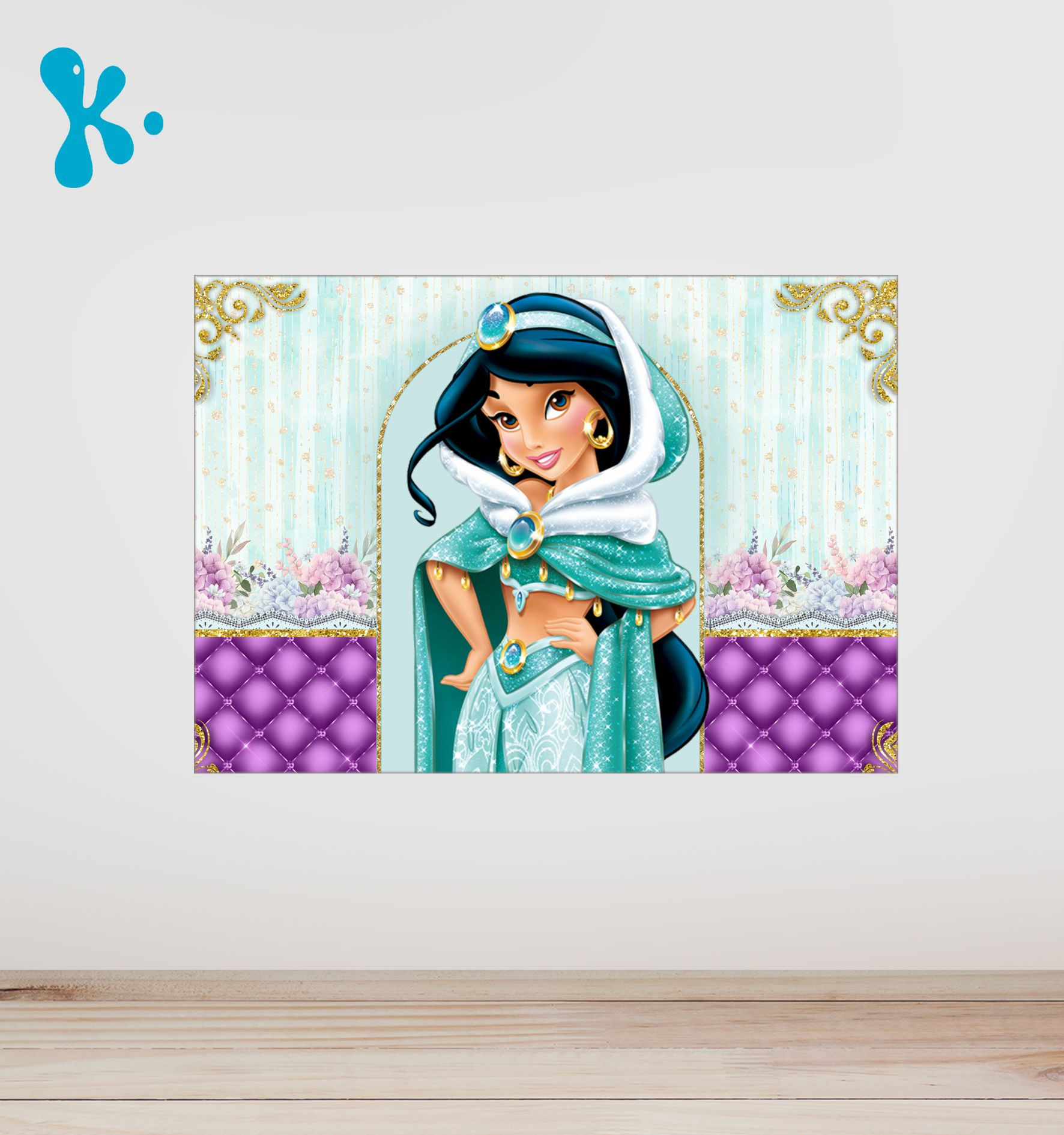 Cartaz Princesa Jasmine personalizado em tons turquesa e dourado, ideal para decoração de festa infantil