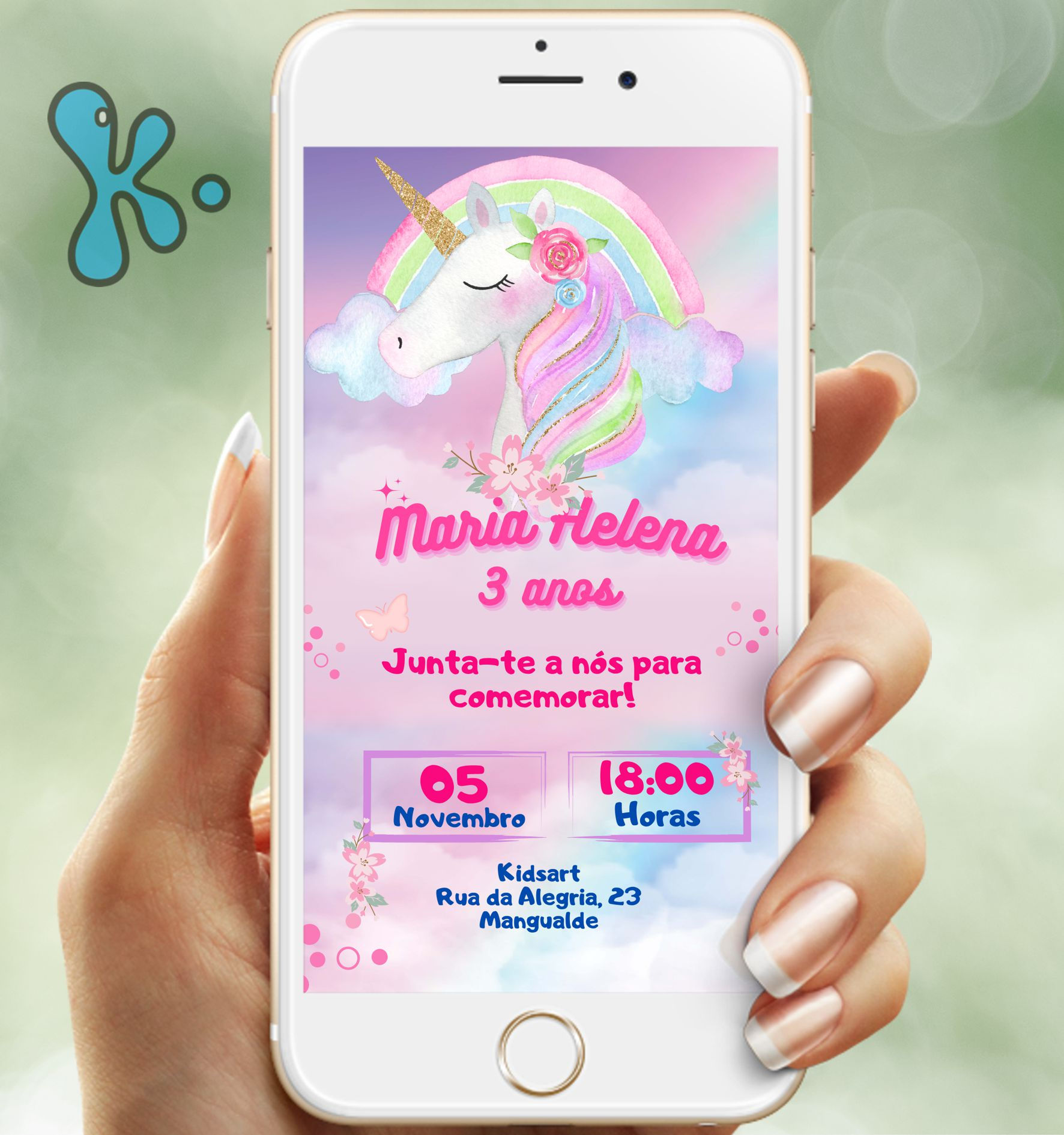 Convite digital unicórnio com arco-íris e fundo rosa encantador