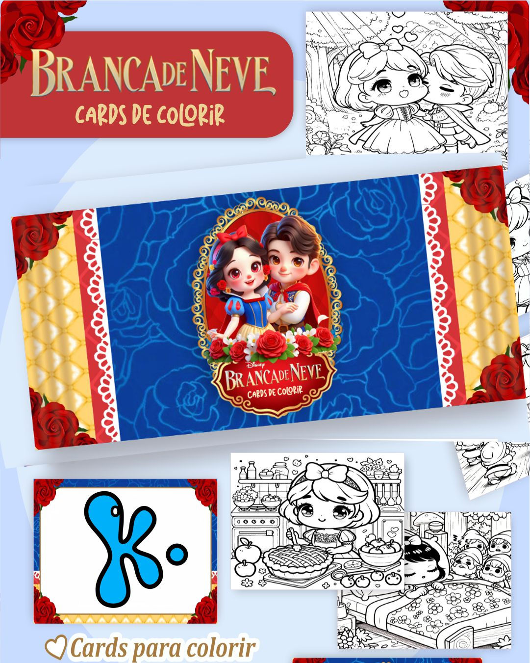 Cards para colorir com tema Branca de Neve com desenhos da princesa, príncipe e anões em embalagem decorada