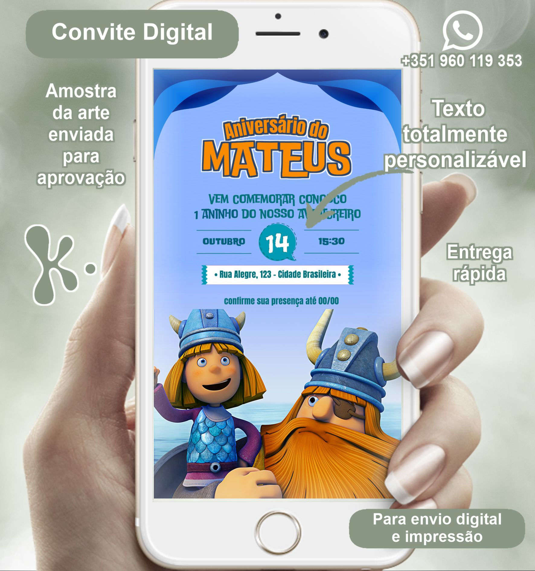 Convite digital infantil com Vicky o Viking e Halvar em fundo azul