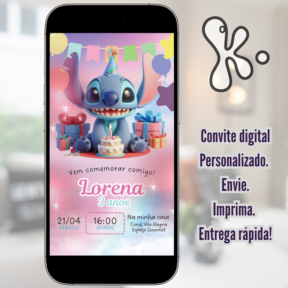 Convite Digital Stitch personalizado com balões, bolo de aniversário e o personagem Stitch em destaque, ideal para festas
