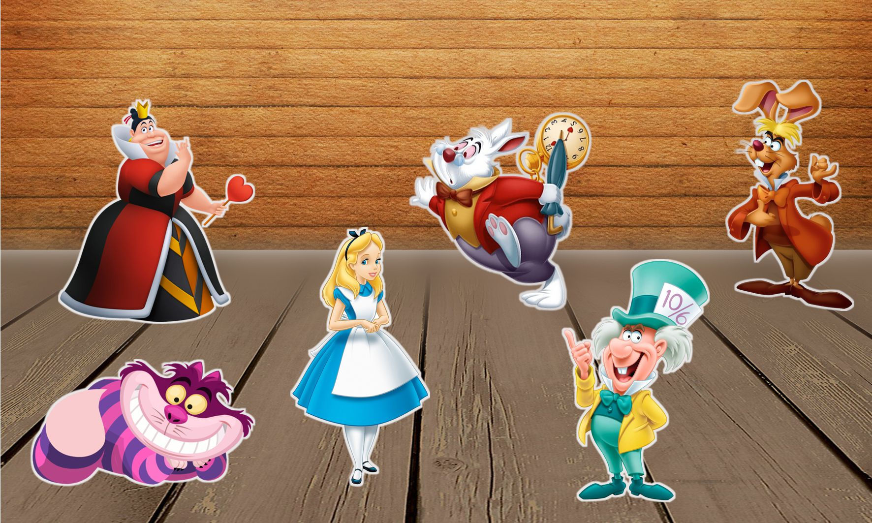 Figuras clássicas de Alice no País das Maravilhas para decoração de festa