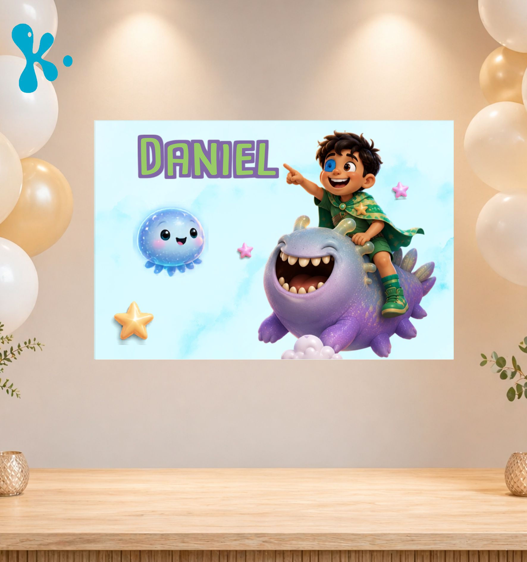 Cartaz Personalizado Elio com personagem espacial e criatura roxa para festa infantil
